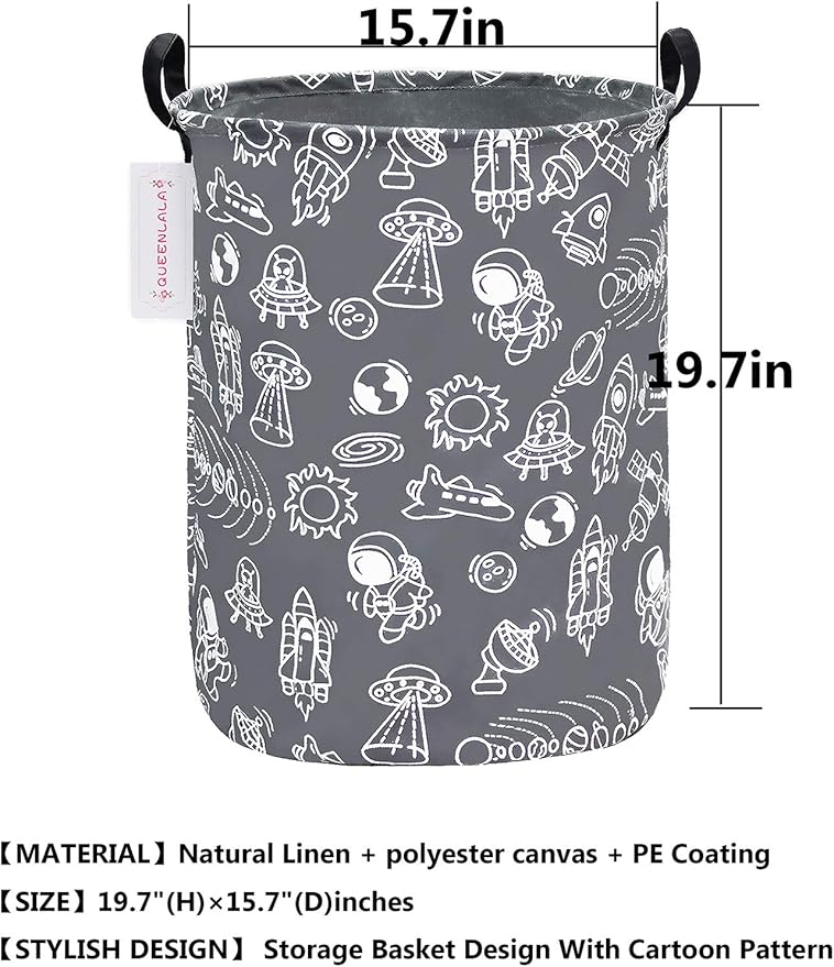 QUEENLALA Large Storage Basket,Laundry Hamper/Bathroom/Home Decor/Collapsible Round Storage Bin,Boys and Girls Hamper/Boxes/Clothing(Round-Grey space exploration)