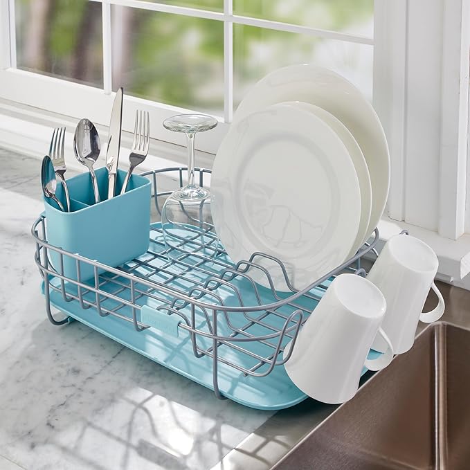 KitchenAid Low Profile Compact Dishrack with Removable Flatware Caddy and Angled Self-Draining Board, Rust Resistant Wires, 12.59 x 17.55 x 6.29 Inch, Mineral Water
