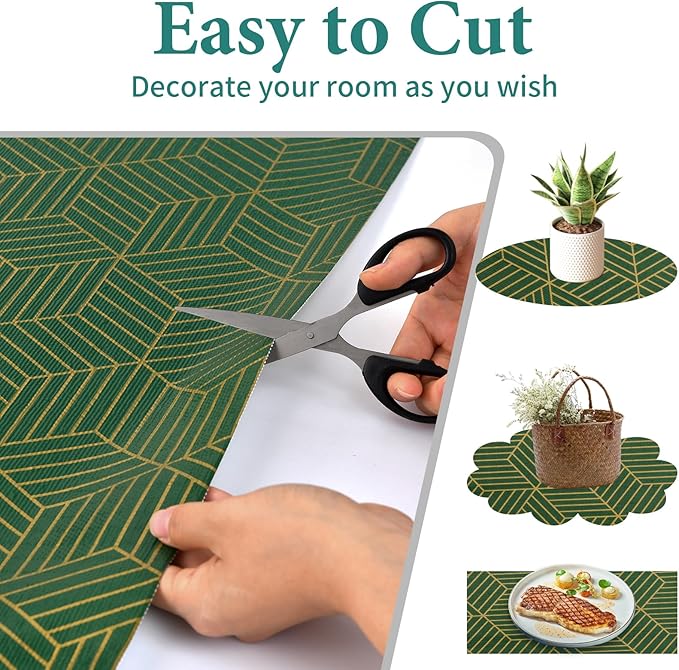 Shelf Liners for Kitchen Cabinets 23.6in x 20FT, Non Adhesive Cabinet Liner Strong Non-Slip Thickened Gold Green Geometric Drawer Liner, Easy to Clean for Shelf, Cabinet with Knife and Tape Measure