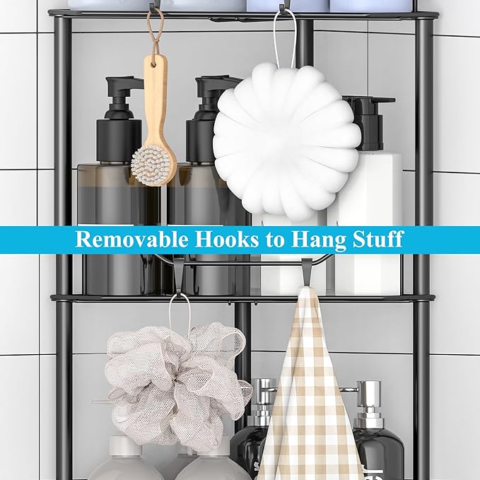 5 Tier Floor Standing Corner Shower Caddy Organizer Shelf with Hooks, Bathroom Shelves Stand Rack, Black