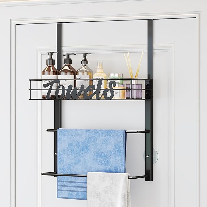 SWTYMIKI SWTYMIKI Over The Door Towel Racks for Bathroom - 5-Tier Wall Mounted Bathroom Towel Storage Organizer Holder with Metal Shelf (3 Tier-Black)