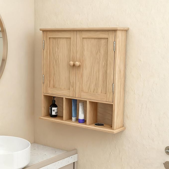 TaoHFE Natural Wooden Color Bathroom Wall Cabinet with 2 Door Adjustable Shelves,Over The Toilet Storage Wall Mounted Medicine Cabinets for Bathroom Laundry Room Kitchen