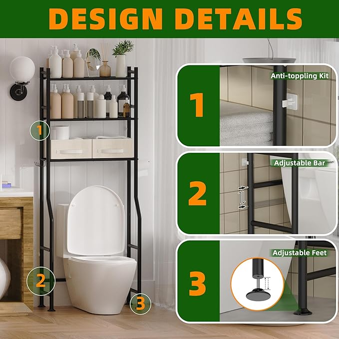 3 Tier Over The Toilet Storage Rack with 2 Basket, Metal Freestanding Bathroom Shelves Toilet with Paper Holder and 4 Hooks, Over Toilet Storage Shelf for Bathroom Storage, Black