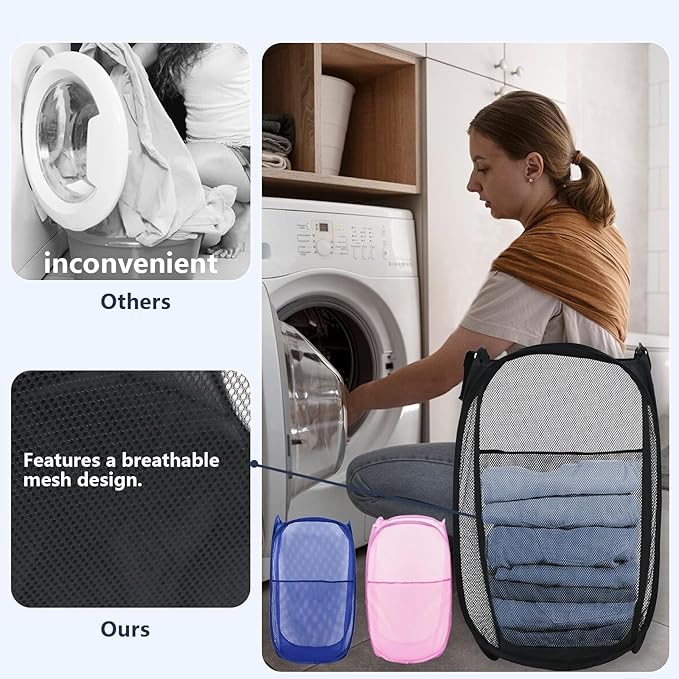 Pop Up Laundry Hamper, Mesh Laundry Basket Collapsible, Foldable Hamper for Travel and Storage, 3 Pack (Black+Pink+Blue)