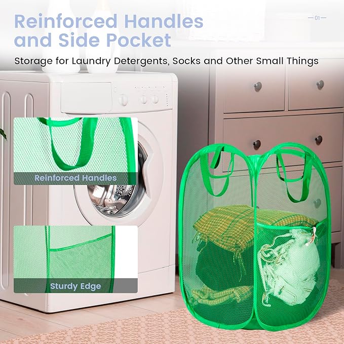 HOUSE AGAIN 2 Pcs Pop Up Laundry Hamper, Strong Mesh Laundry Baskets Collapsible, Hamper with Handles and Side Pocket, Portable Foldable Dirty Clothes for Dorm, Laundry room and Travel Storage, Green