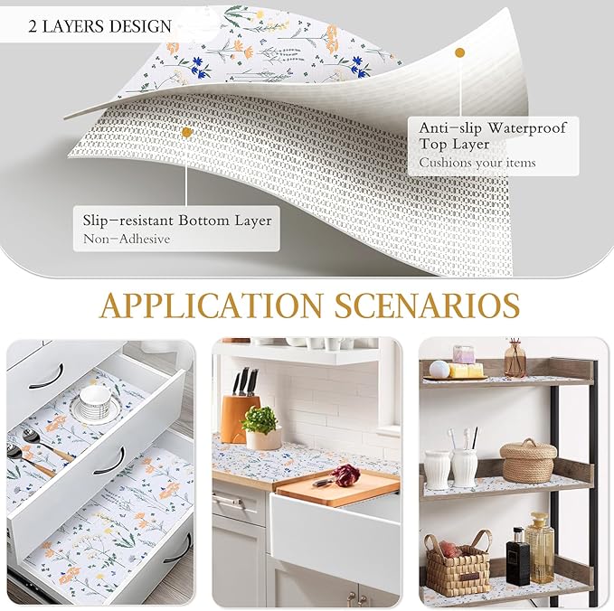 Beautysaid Shelf and Drawer Liner for Kitchen Cabinet, Non Adhesive Non Slip Shelf Paper Waterproof Washable Thickened for Dresser Pantry Shelve Bathroom Protector Liner(Floral,12 in x 30 FT)