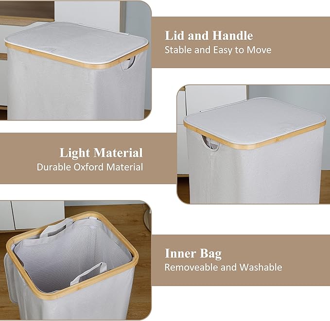 Laundry Basket with Lid, 110L Laundry Hamper with Bamboo Handle,Clothes Basket Organizer with Removable Inner Bag for Clothes Toys Towels,Light Grey