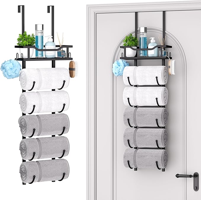 SWTYMIKI Over The Door Towel Rack - 6 Tier Towel Racks for Bathroom Wall Mounted, Towel Holder with Shelf, Hanging Rolled Towel Storage Organizer for Small Bathroom, Camper, RV, Black