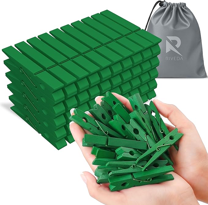 RIVEDA 50pcs Colored Wooden Clothes Pins, 2.9inch, Clothespins for Classroom, Clip Hanging Photos, DIY Clips for Crafts, Decorations (Green)