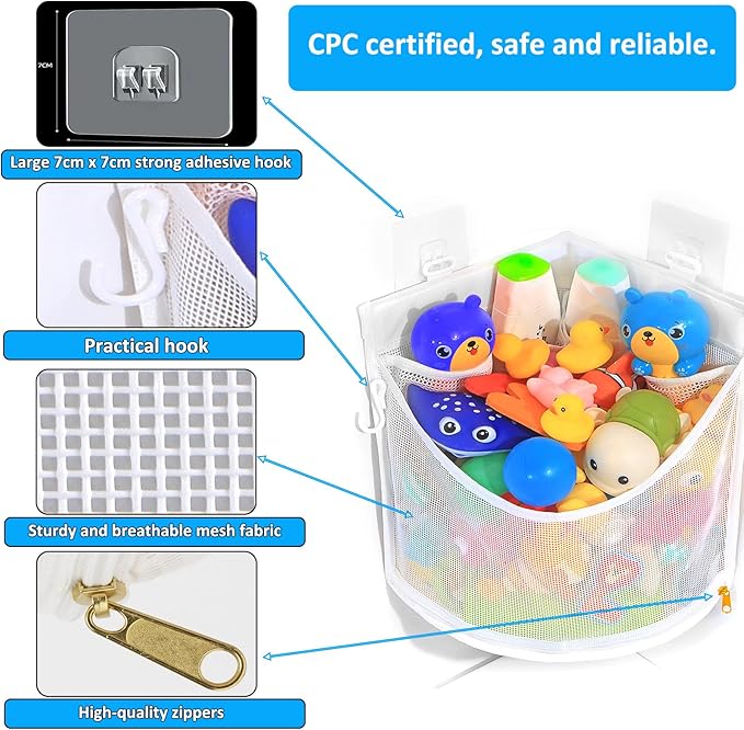 KPH Bath Toy Organizer, Large Capacity Corner Hanging with Mesh bath toy storage, Quick Drying