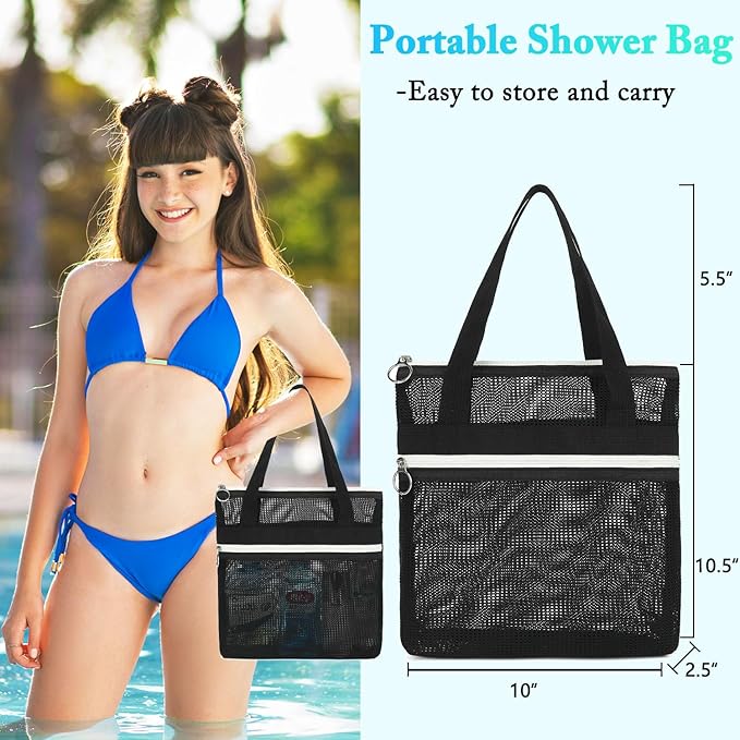 Mesh Shower Caddy Portable with Zipper & 2 Pockets - Quick Dry Shower Bag Toiletry Tote Hanging for Travel Gym Camp Beach - Organizer Bag Bathroom Essentials for College Dorm