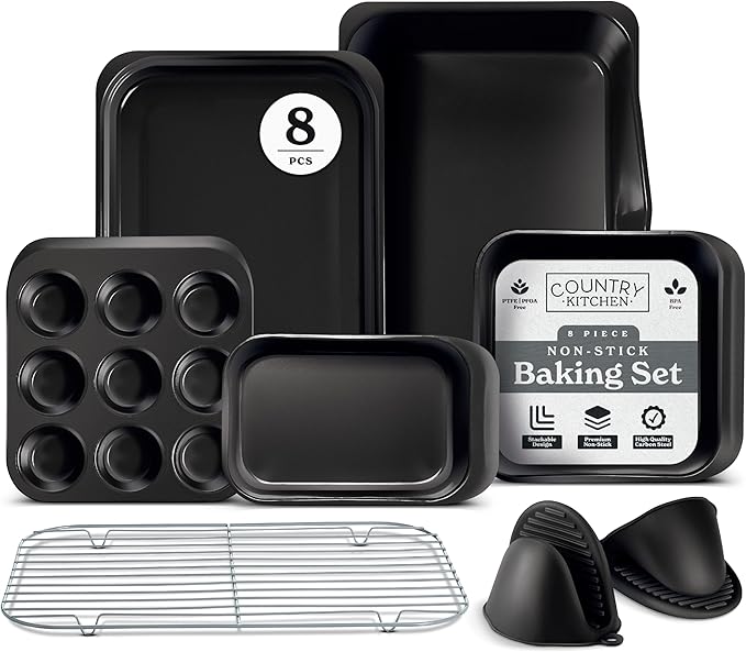 Country Kitchen Nonstick Stackable Bakeware Set - Deluxe Heavy Duty, Durable, Easy Release Baking Set, 8 Pcs, Cream