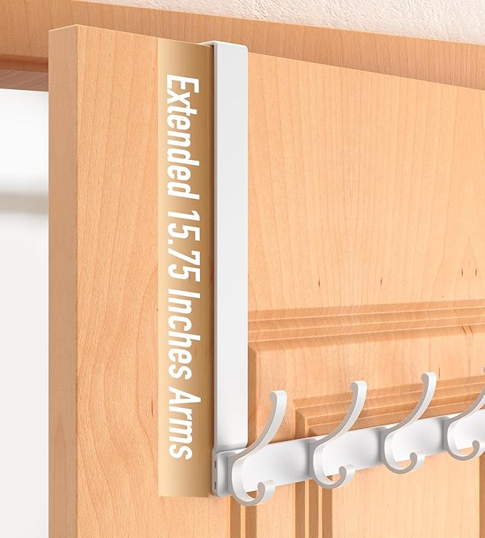 Long Over The Door Hooks Hanger with 15.75" Arms for Easier Access by Shorter, Heavy Duty Door Hanger for Coat, F16U, Fits Standard 1 3/8'' Doors, Towel Racks for Bathroom, White