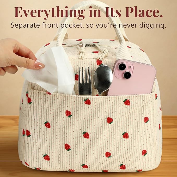 Crossbody Strawberry Lunch Bag for Women, Insulated Corduroy Tote with Adjustable Strap, Water Resistant Lunch Box for Work, Picnic, Travel or Beach, Beige Cream Reusable Lunch Box