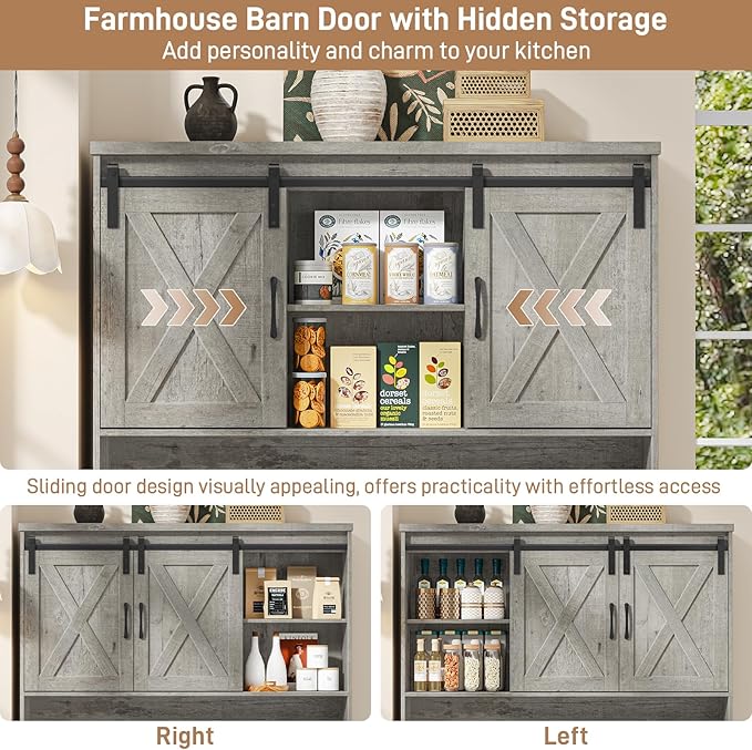 Befrases 67.7 Inch Farmhouse Pantry Storage Cabinet with Sliding Barn Doors, 2 Drawer Farmhouse Coffee Cabinet with Adjustable Shelf, Side Board with Buffet Cupboard Livingroom Kitchen, Grey