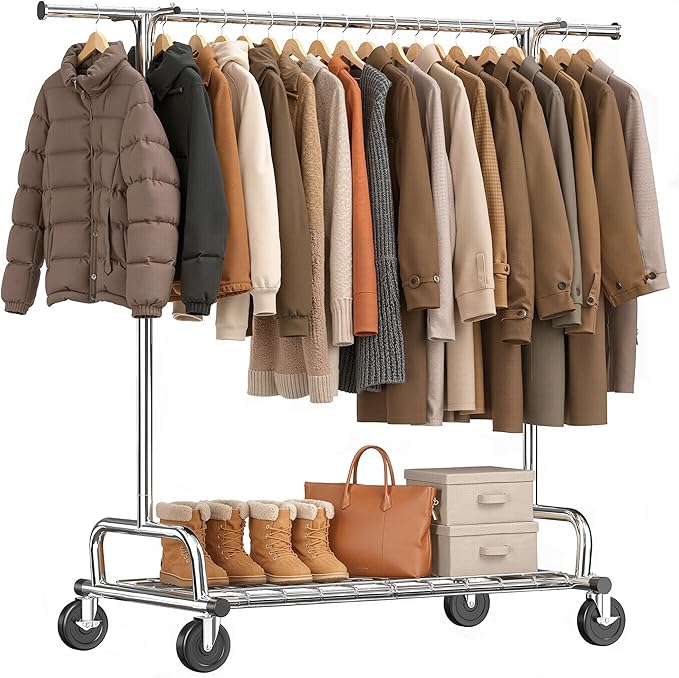 Raybee Heavy Duty Clothes Rack Load 485LBS, 74''W Clothing Rack with Mesh Shelf, Rolling Garment Rack with Adjustable Rail & Lockable Wheels for Bedroom, Laundry Room,Commercial