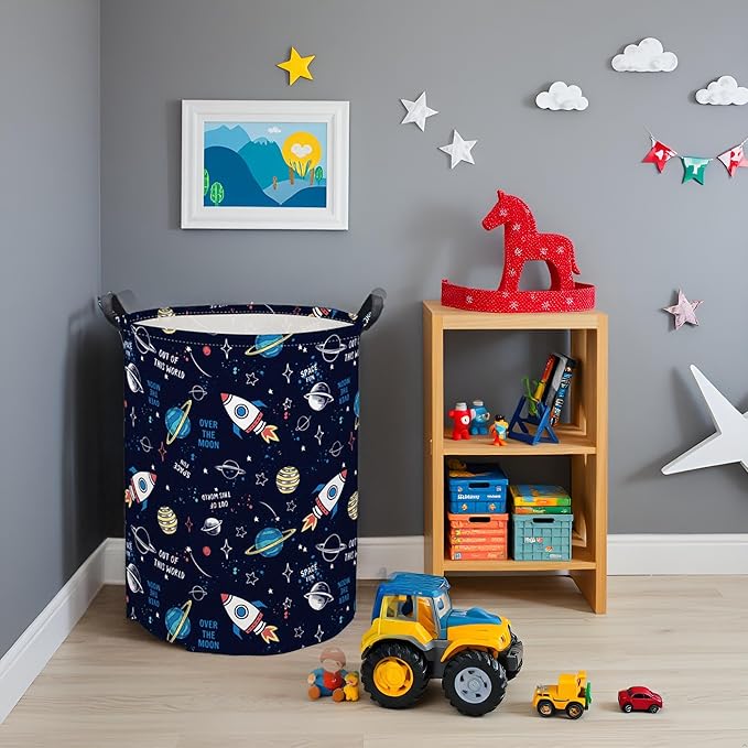 HIYAGON Kids Laundry Basket Baby Hamper for Nursery Boys Kids Hamper Cute Kids Toys Storage Bin Organizer Butterfly Room Decor for Home(Rocket Planet)