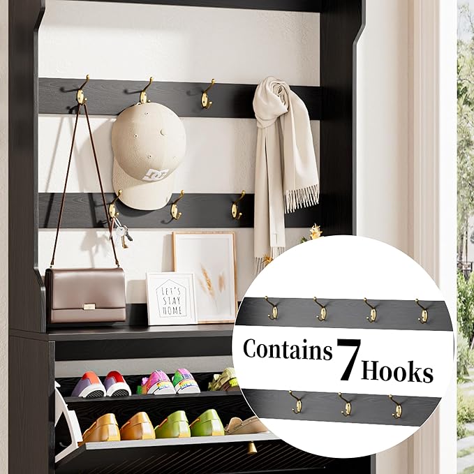 Shoe Cabinet for Entryway with 2 Flip Drawers & Coat Rack, Narrow Hidden Shoe Storage Cabinet with Fluted Panel, 2-in-1 Hall Tree Slim Freestanding Shoe Rack Organizer for Hallway, Black