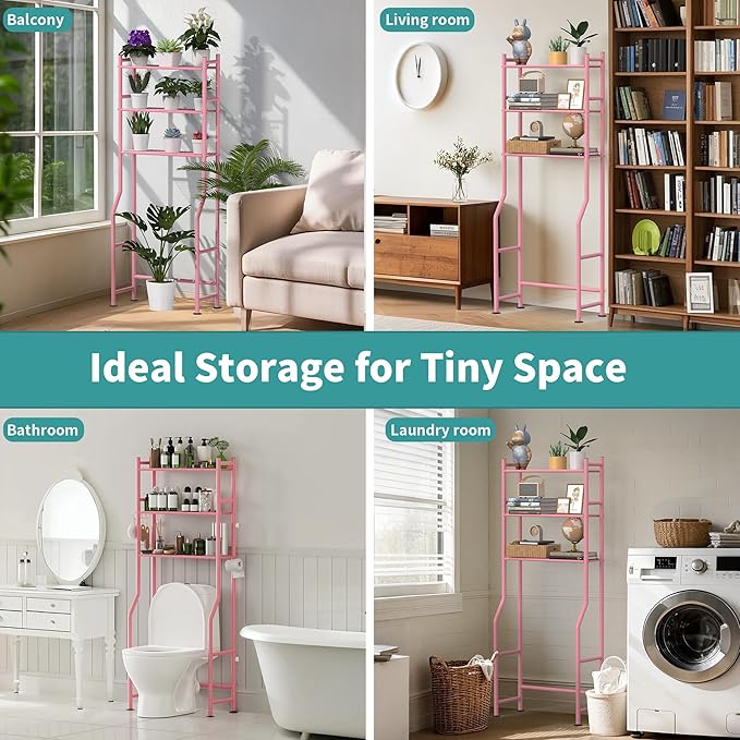 3-Tier Over The Toilet Storage with Paper Holder, Metal Bathroom Organizers and Storage for Small Space, Freestanding Bathroom Shelves with 4 Hooks, Above The Toilet Storage Shelf (Pink)