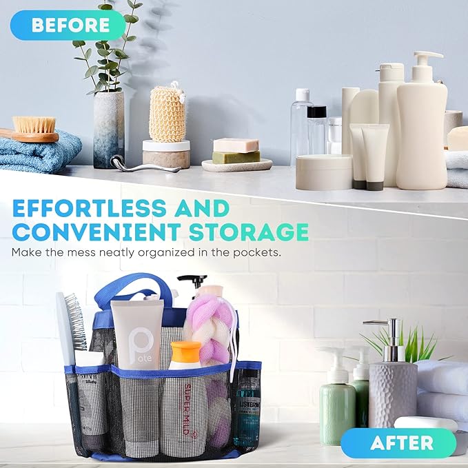 EUDELE Mesh Shower Caddy Portable for College Dorm Room Essentials,Portable Shower Caddy Dorm with 8-Pocket Large Capacity,Shower Bag for Beach,Swimming,Gym-Blue