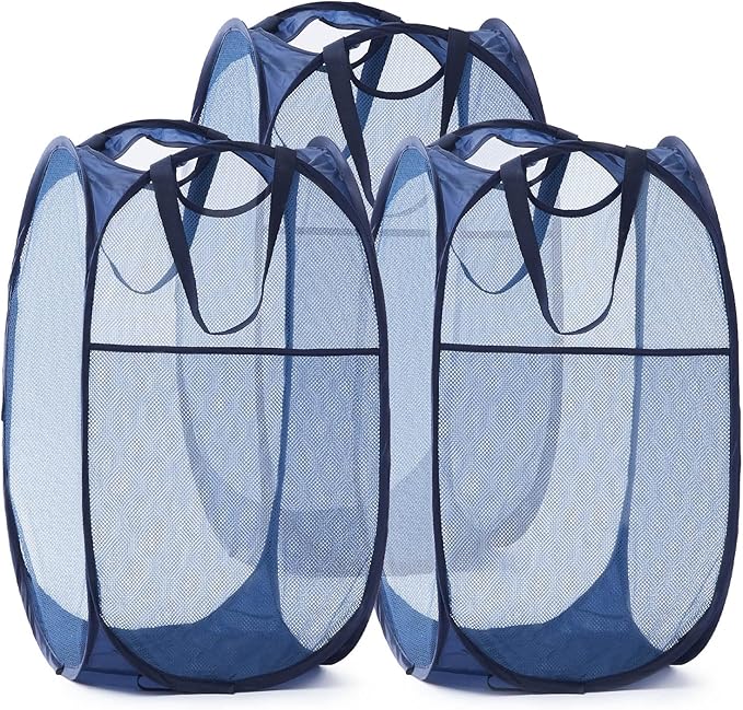 TECHMILLY Collapsible Mesh Pop Up Laundry Hamper with Sturdy Handles and Side Pocket - Portable Foldable Clothes Baskets for Dorm, Bathroom & Travel Storage (Blue, 3 Packs)