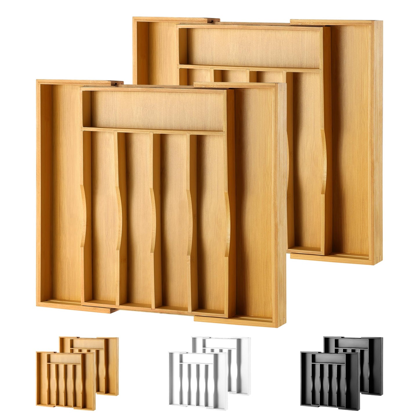 oridom Expandable Bamboo Kitchen Drawer Organizer for Cutlery and Utensils, Adjustable Bamboo Wood Cutlery Tray in Drawer for Flatware and Silverware in Kitchen, (White)