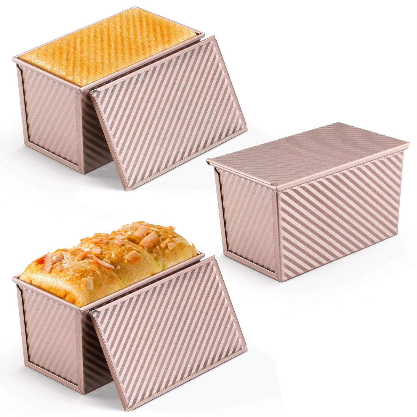 LIANYU 3 Pack Pullman Loaf Pan with Lid, 1 LB Nonstick Bread Loaf Pans Set