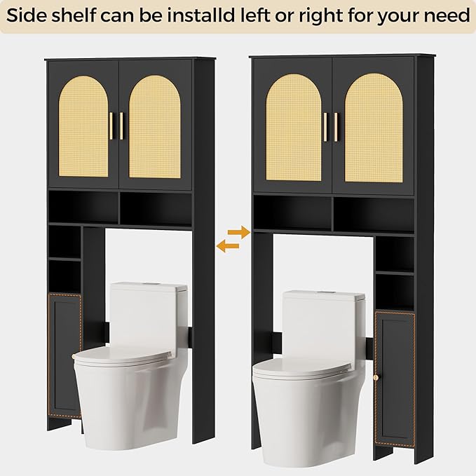 Homhedy 67" H Over The Toilet Storage Cabinet, Boho Bathroom Organizer with Rattan Decorated Doors, Adjustable Shelves, Toilet Paper Holder, Space-Saving Bathroom Shelf, Natural and Black