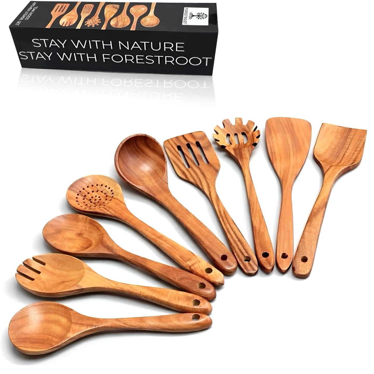 Forestroot 6-Piece Wooden Utensil Set – Premium Teak Wood Cooking Spoons & Spatulas, Non-Stick, Heat-Resistant, Durable & Eco-Friendly Kitchen Tools for Cooking & Serving