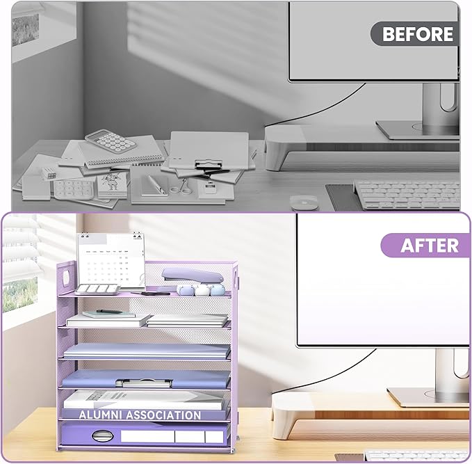 Daltack 6 Tier Paper Organizer for Desk, Paper Letter Tray Organizer for Desks, Mesh Desk File Organizers with Handle for Office, Home, School, Purple