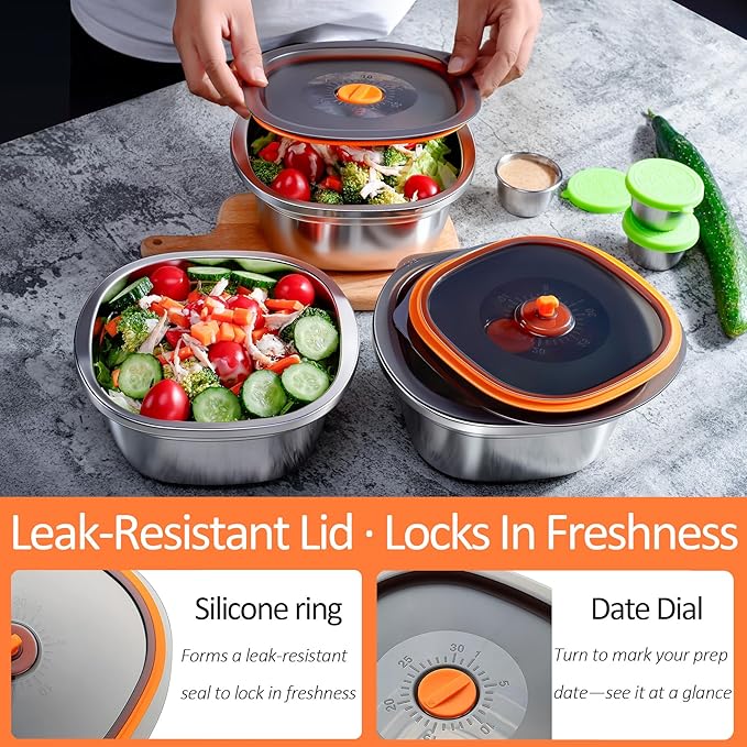 6-Piece Stainless Steel Salad Bowl Set, 3 Bowls (50 oz) & 3 Dressing Cups