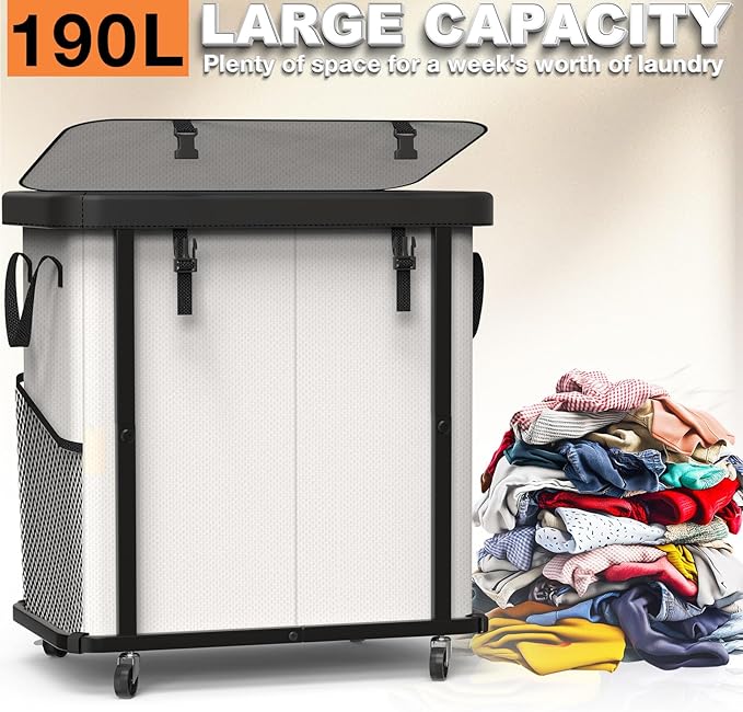 190L (50 Gal) Large Fashion Laundry Basket with Wheels, Leather Patchwork Rolling Hamper Carts, Sturdy Metal Frame, Removable Washable Bag, Tall Clothes Sorter for Bedroom, Laundry Room - Beige