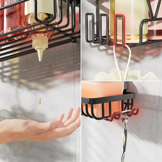 KEGII Suction Cup Shower Caddy, 2 Pack Shower Suction Shelf with Soap Holder & Hooks, No Drilling Bathroom Organizer, Stainless Steel Shampoo Holder for Bathroom Storage Basket, Black