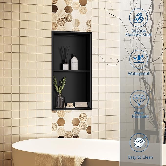 Neodrain No Tile Shower Niche Insert Tile Ready, Black Recessed Wall Niche for Shower Organizer(Inner Size 12"x24") - Stainless Steel Built-in Bathroom Shelf, No Tile Needed, Matte Black