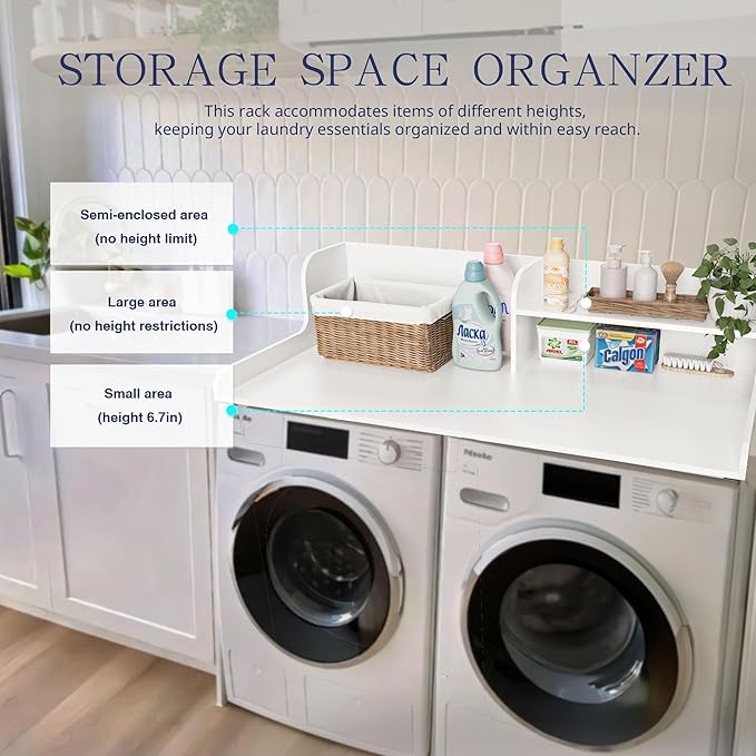 DTK Washer Dryer Wood Countertop with Shelf, Laundry Topper with Non-Slip Mat,27.55" Depth x 54" Width Dryer Covers for The Top with Edge Rails (White)