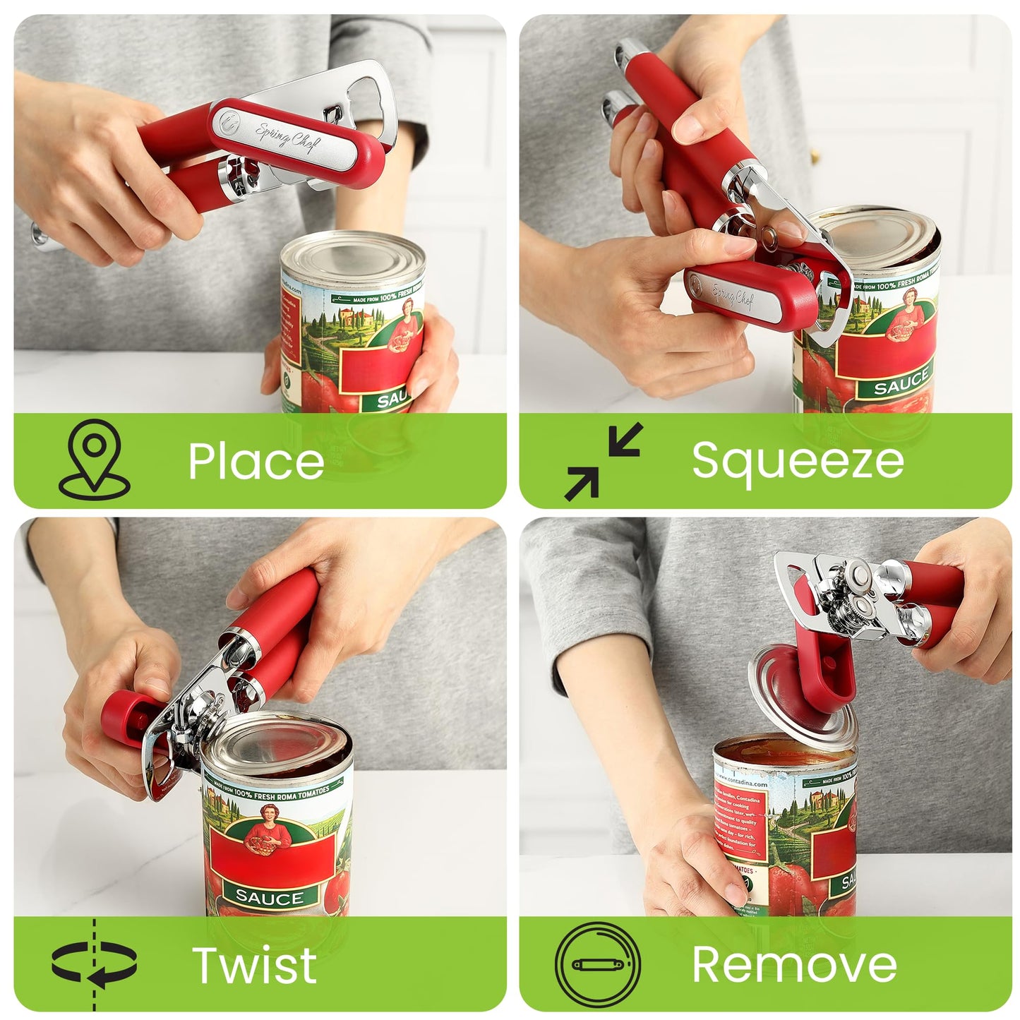 Spring Chef Stainless Steel Manual Can Opener w/Soft Grip Handle, Aqua Sky