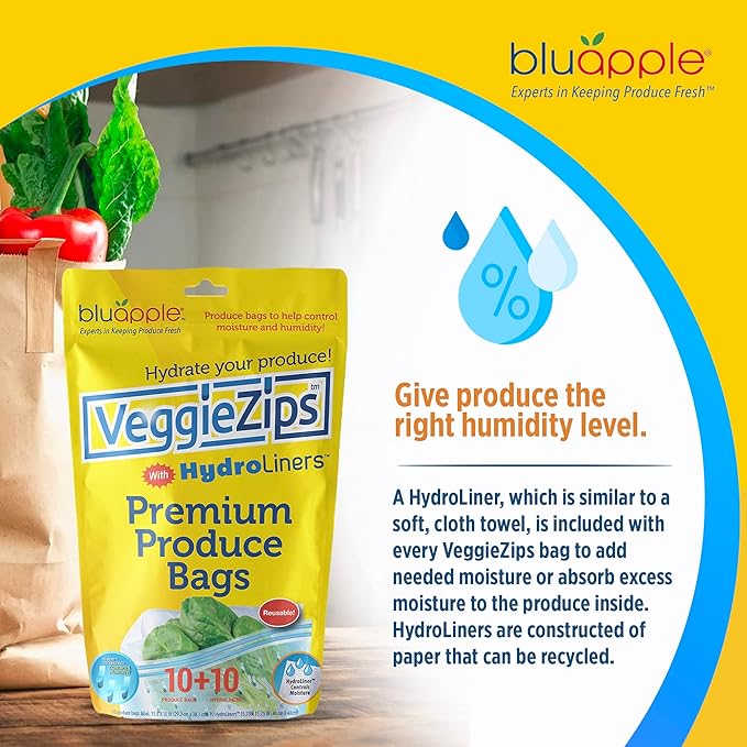 Bluapple Produce Saver Ethylene Gas Absorber - Fresh Fruit & Vegetable Storage with VeggieZips Humidity Control Storage Bag, Kitchen Must Haves, Produce Storage, Minimizes Waste, BPA Free - Value Pack