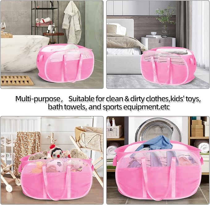 Collapsible Laundry Baskets, Tear Proof Pop Up Laundry Hamper with Dual Handles, Durable Foldable Laundry Basket, Easy to Carry Laundry Hamper for Home, Laundry Room, Bedroom, Dorm, Travel Pink