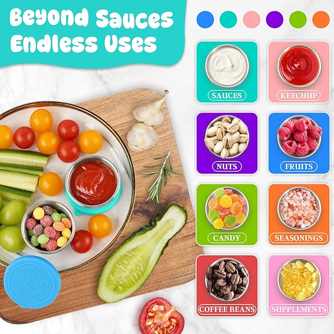 6x2.7 oz Salad Dressing Container to Go, Leakproof Reusable Stainless Steel small container with lid,Sauce Containers for Lunch box,Picnics,Travel,Office and Meal Prep