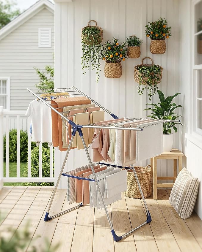 Clothes Drying Rack with Height-Adjustable Wings, Metal Foldable Laundry Dryer Stand for Clothing & Bedding, Free-Standing Collapsible for Indoor & Outdoor Use, 55.5" L × 22.8" W, Silver Blue