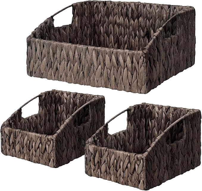 Ollieroo Rattan Storage Baskets, Handwoven Wicker Storage Bins with Built-in Handles, Storage Container Baskets for Shelves, Bedroom, Bathroom, Laundry Room or Kitchen(Black)