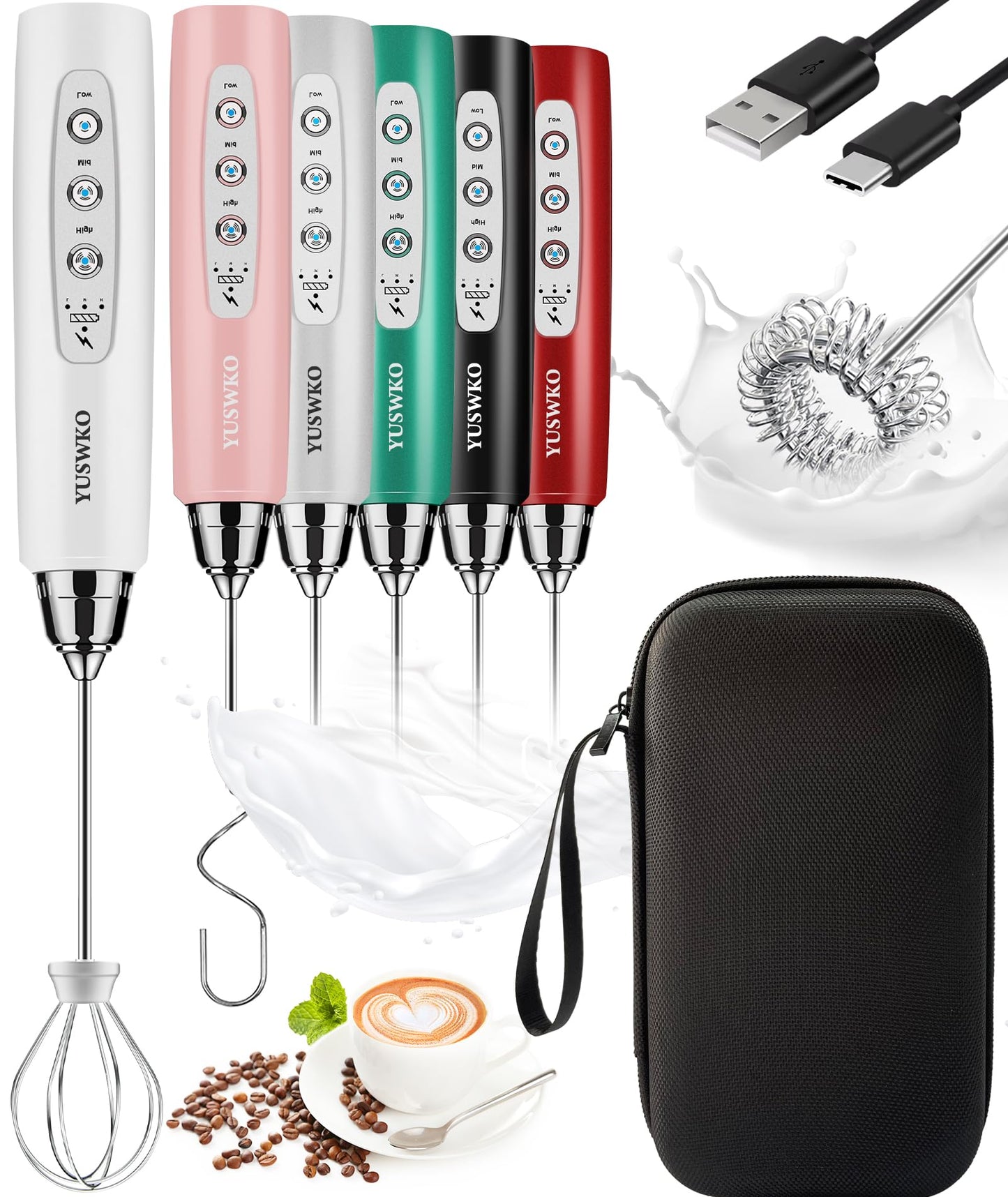YUSWKO Handheld Milk Frother Wand for Coffee, Rechargeable Electric Whisk with 3 Heads 3 Speeds Drink Mixer Coffee Frother For Latte, Cappuccino, Hot Chocolate, Egg, Beige