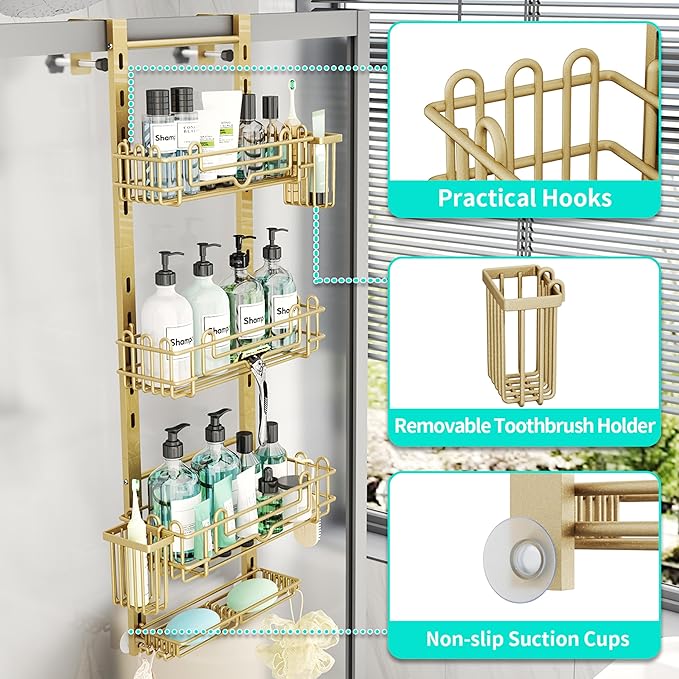 HapiRm Hanging Shower Caddy Organizer - Shower Shelf with 22 Hooks and 2 Toothbrush Holders, No Drilling Adjustable Hanging Bathroom Organizer - Gold