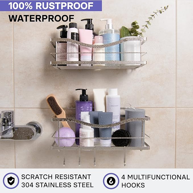 KINCMAX Premium Shower Caddy, Self Adhesive Wall Shower Organizer, 2-Pack No Drill Bathroom Shelves, Rustproof Stainless Steel Shampoo Holder, Storage Rack, Silver