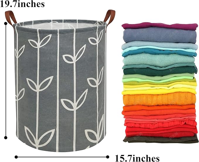 HIYAGON Large Storage Baskets,Waterproof Laundry Baskets,Collapsible Canvas Basket for Storage Bin for Kids Room,Toy Organizer,Home Decor,Baby Hamper (Grey leaves)