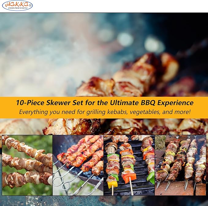 Hakka Stainless Steel Barbecue Skewers, 23.6" Shish Kabob Skewers Heavy Duty 1.5mm Metal Skewers for Grilling Large Wide 9.87mm Reusable Kabob Sticks with NonSlip Ring Handle,Set of 10