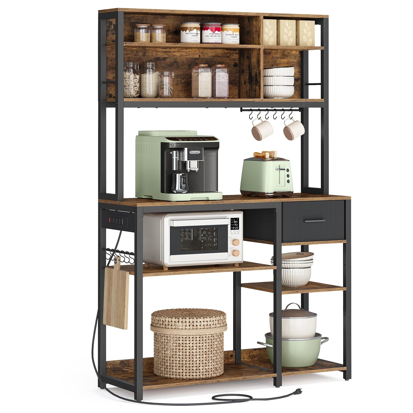 VASAGLE Bakers Rack with Charging Station, Coffee Bar, 12 Hooks