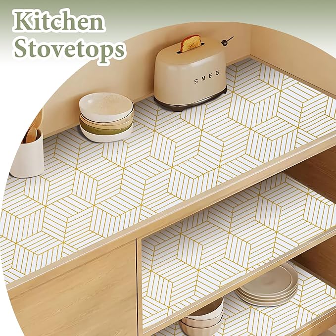 Shelf Liners for Kitchen Cabinets 12in x 40FT, Non Adhesive Cabinet Liner Strong Non-Slip Thickened Gold Geometric Drawer Liner, Easy to Clean for Shelf, Cabinet with Knife and Tape Measure