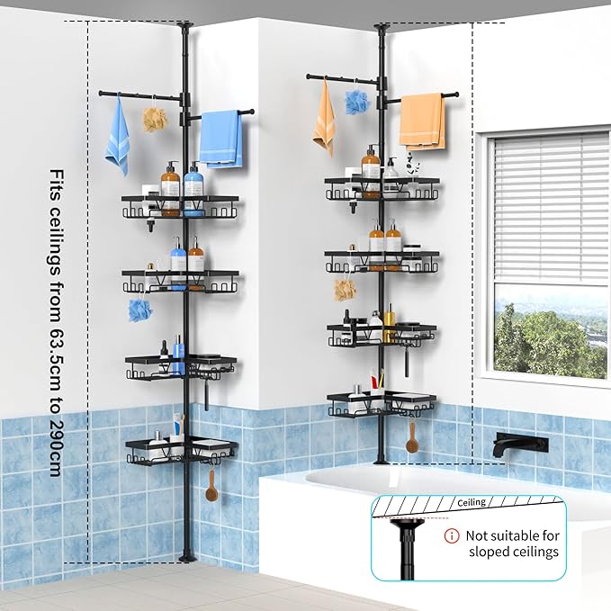 KEGII Black Shower Caddy Tension Pole with 2 Towel Bars, Adjustable Corner Bathroom Organizer, Rustproof Bathtub Storage Shelves for Shampoo, 25–114.2 Inch Shower Corner Rack for Renters & Family
