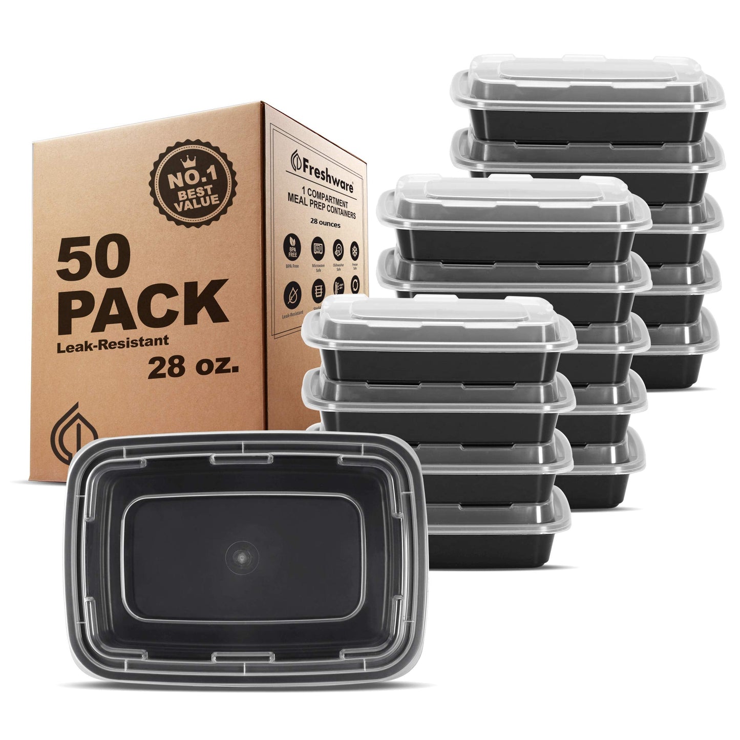 Freshware Meal Prep Containers [45 Pack] 1 Compartment with Lids, Food Storage Containers, Bento Box, BPA Free, Stackable, Microwave/Dishwasher/Freezer Safe (38 oz)